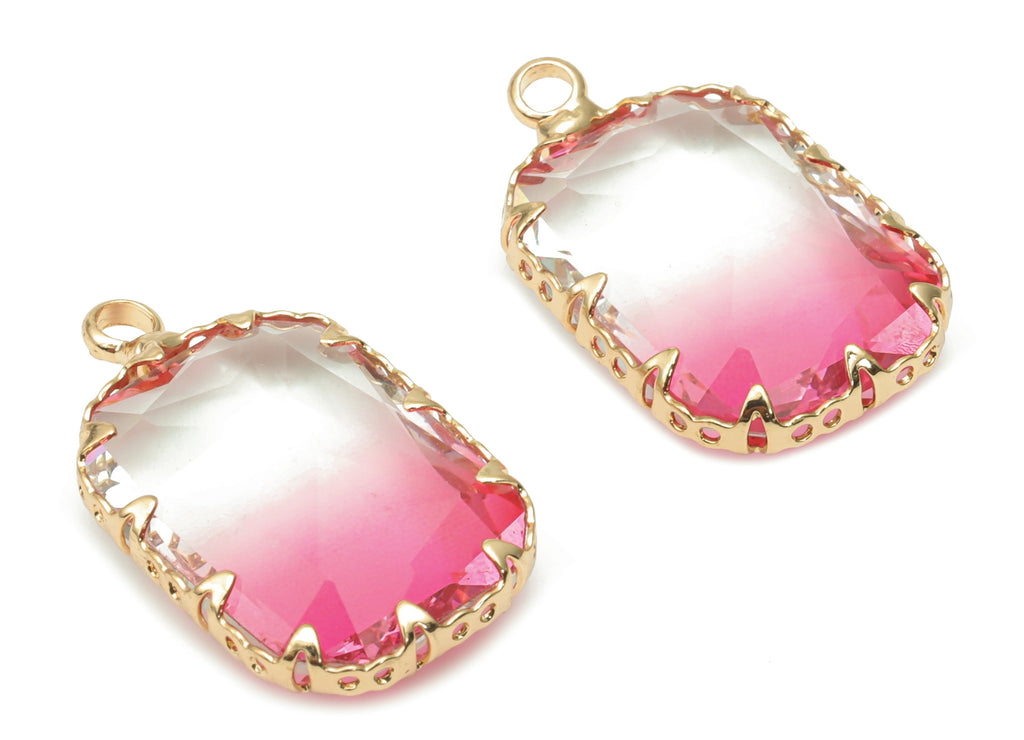 Glass Faceted Rectangle Charms With Loop - Brass Rectangle Frame Pendant - Gold Tone Plated Brass - Faceted Glass - 23.2x14.4x6.2mm- GS1114C - DOMEDBAZAAR