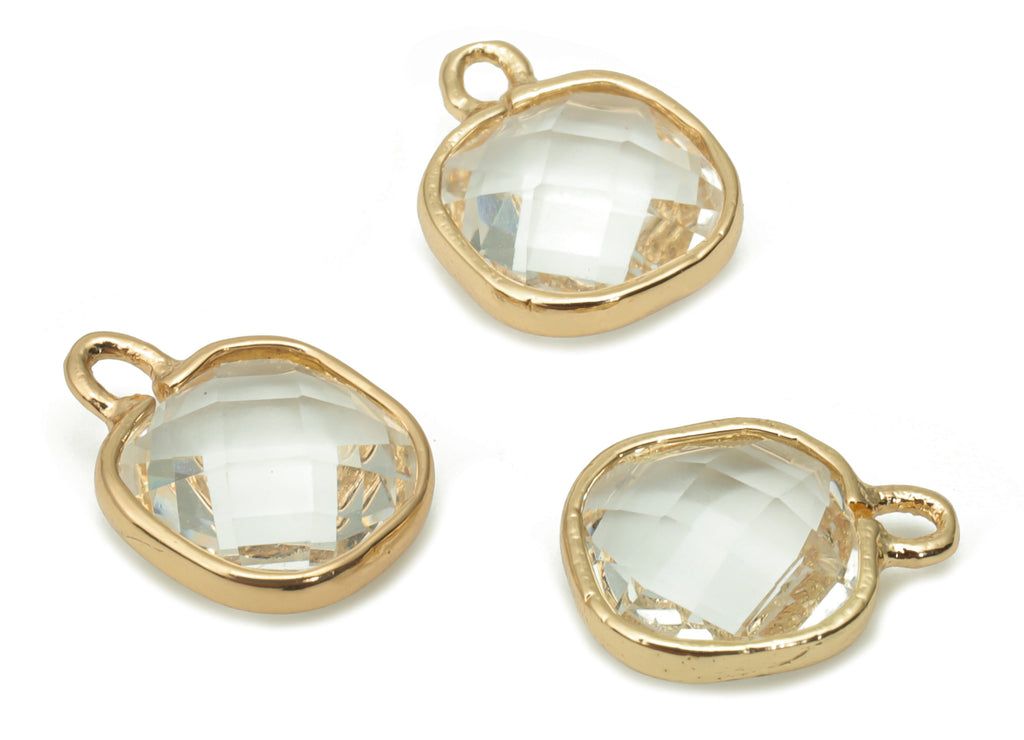 Glass Square Loop Earring Charms - Brass Square Frame Pendant - Gold Tone Plated Brass - Faceted Glass - 11.68x9.04x3.92mm - GS1105 - DOMEDBAZAAR