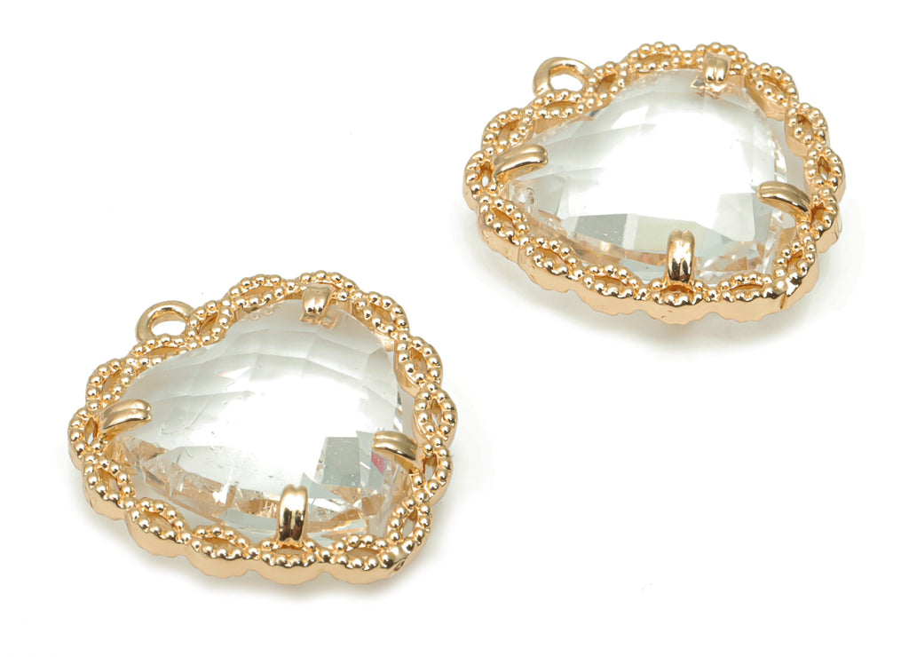 Glass Heart Earring Charms With Loop - Brass Heart Frame Pendant - Gold Tone Plated Brass - Faceted Glass - 17.9x15.86x5.17mm - GS1097B - DOMEDBAZAAR