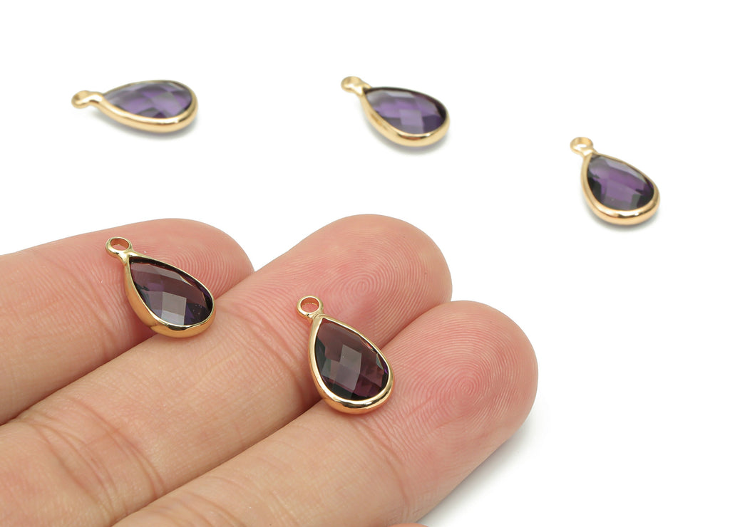 Glass Faceted Drop Loop Earring Charms - Brass Teardrop Frame Pendant - Gold Tone Plated Brass - Faceted Glass - 15.4x8.47x4.24mm - GS1099A - DOMEDBAZAAR