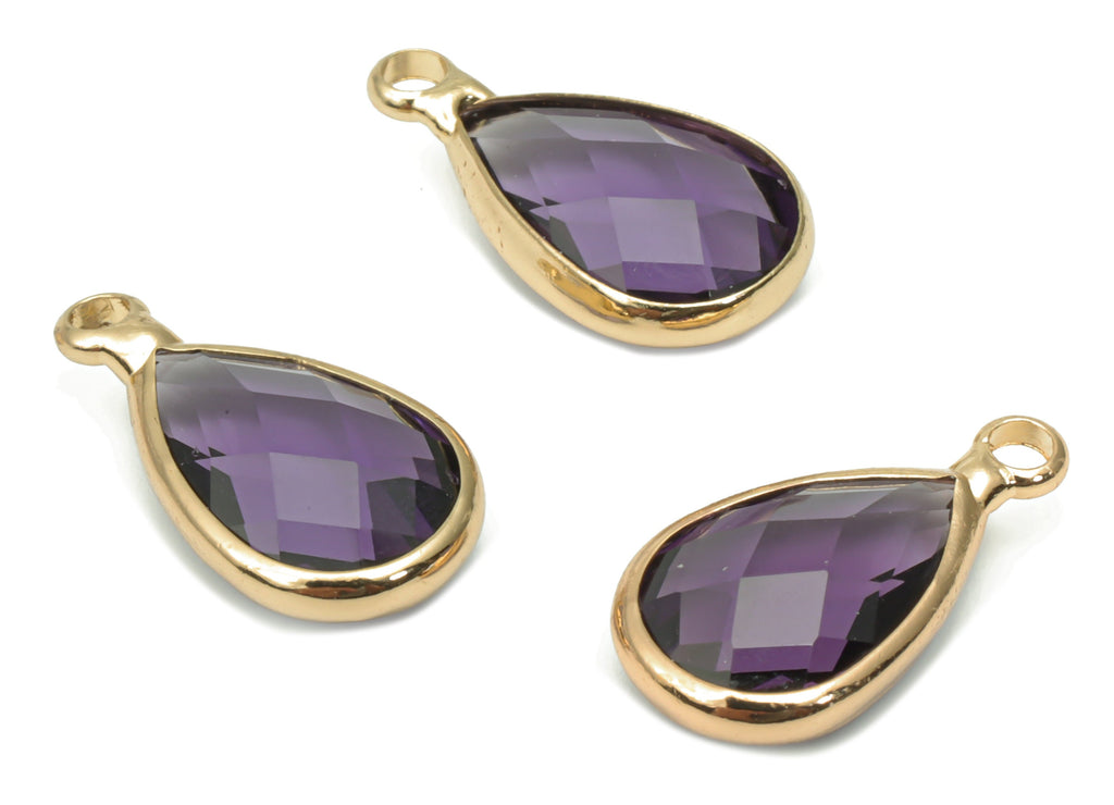 Glass Faceted Drop Loop Earring Charms - Brass Teardrop Frame Pendant - Gold Tone Plated Brass - Faceted Glass - 15.4x8.47x4.24mm - GS1099A - DOMEDBAZAAR