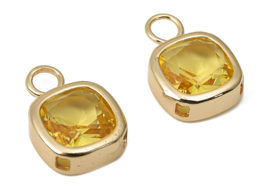 Glass Square Earring Charms with Loop - Yellow Brass Square Frame Pendant - Gold Tone Plated Brass - Faceted Glass - 17x12x5.1mm - GS1123E - DOMEDBAZAAR