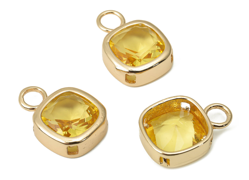 Glass Square Earring Charms with Loop - Yellow Brass Square Frame Pendant - Gold Tone Plated Brass - Faceted Glass - 17x12x5.1mm - GS1123E - DOMEDBAZAAR