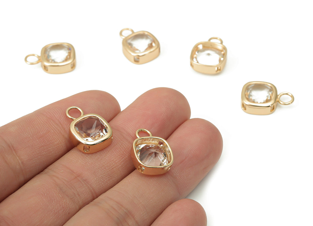 Glass Square Earring Charms with Loop - Brass Square Frame Pendant - Gold Tone Plated Brass - Faceted Glass - 17x12.03x5.08mm - GS1123F - DOMEDBAZAAR