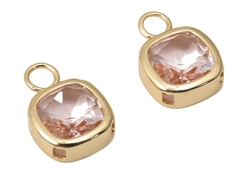 Glass Square Earring Charms with Loop - Brass Square Frame Pendant - Gold Tone Plated Brass - Faceted Glass - 17x12.03x5.08mm - GS1123H - DOMEDBAZAAR