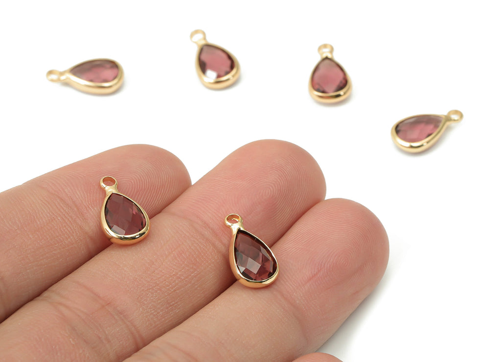 Glass Drop Earring Charms - Brass Teardrop Frame Pendant - Gold Tone Plated Brass - Faceted Glass - Jewelry Making - 13.7x7.4x3.5mm- GS1121F - DOMEDBAZAAR