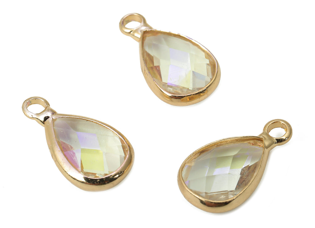 Glass Drop Earring Charms - Brass Teardrop Frame Pendant - Gold Tone Plated Brass - Faceted Glass - Jewelry Making - 13.7x7.4x3.5mm- GS1121H - DOMEDBAZAAR