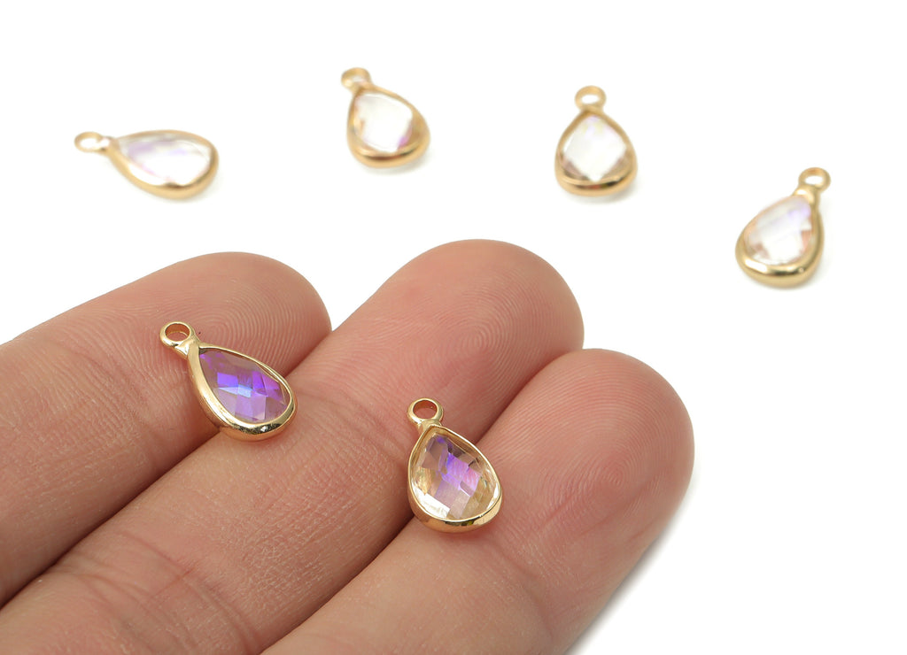 Glass Drop Earring Charms - Brass Teardrop Frame Pendant - Gold Tone Plated Brass - Faceted Glass - Jewelry Making - 13.7x7.4x3.5mm- GS1121H - DOMEDBAZAAR