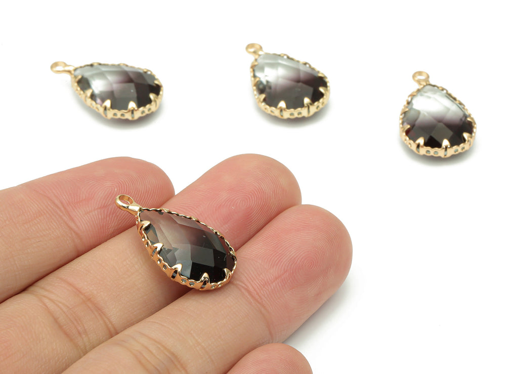 Glass Faceted Drop Charms with Loop - Brass Teardrop Frame Pendant - Gold Tone Plated Brass - Faceted Glass - 23.1x13.93x6.86mm - GS1116A - DOMEDBAZAAR