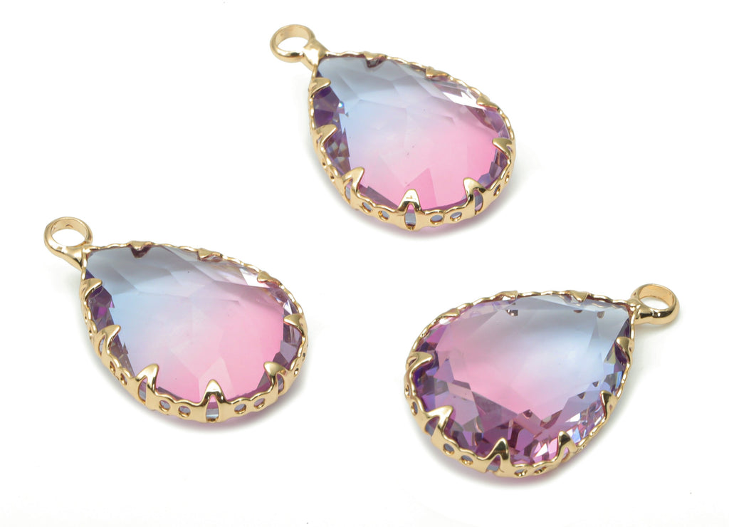 Glass Faceted Drop Charms with Loop - Brass Teardrop Frame Pendant - Gold Tone Plated Brass - Faceted Glass - 23.1x13.93x6.86mm - GS1116B - DOMEDBAZAAR