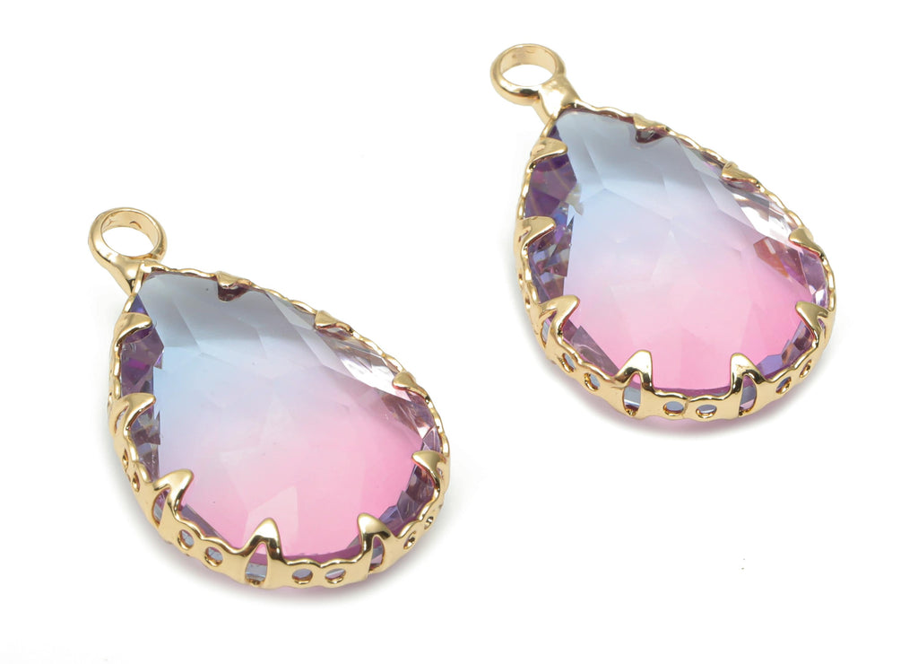 Glass Faceted Drop Charms with Loop - Brass Teardrop Frame Pendant - Gold Tone Plated Brass - Faceted Glass - 23.1x13.93x6.86mm - GS1116B - DOMEDBAZAAR