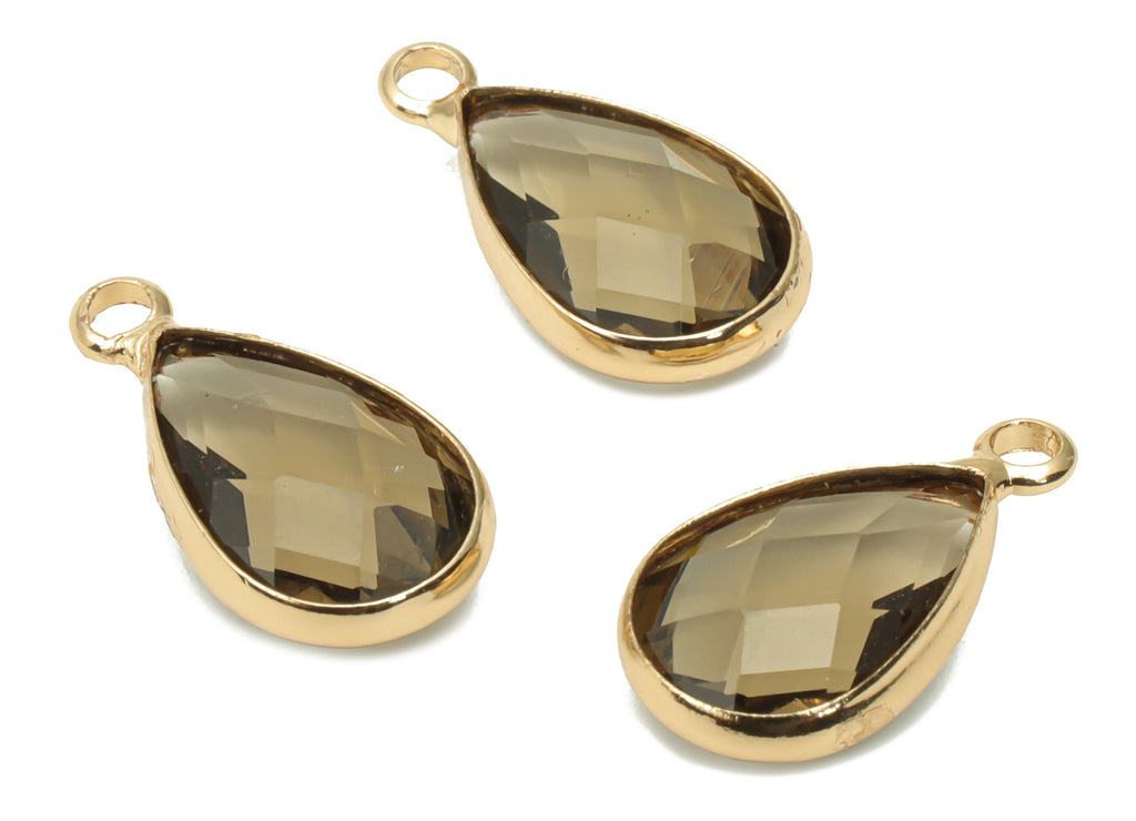 Glass Faceted Drop Loop Earring Charms - Brass Teardrop Frame Pendant - Gold Tone Plated Brass - Faceted Glass - 15.4x8.47x4.24mm - GS1099D - DOMEDBAZAAR