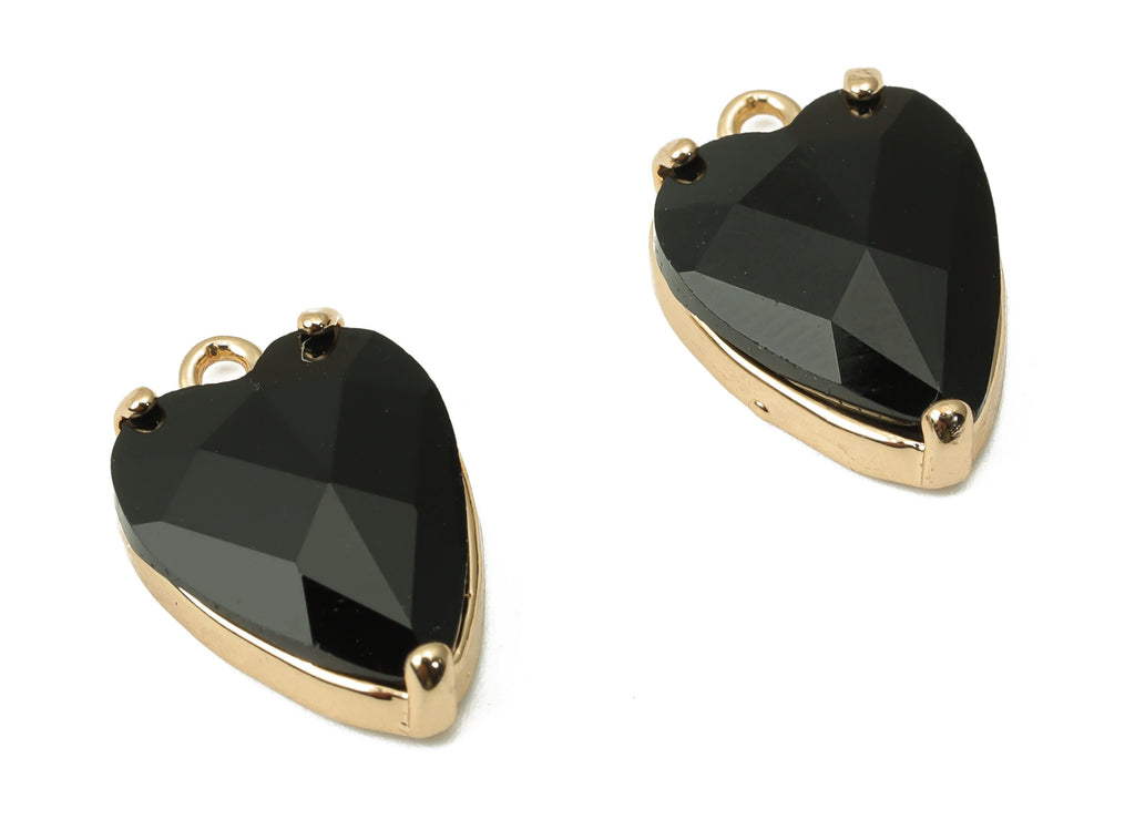 Glass Heart Earring Charms with Loop - Black Brass Frame Heart Pendant - Gold Tone Plated Brass – Faceted Glass - 16.79x11.1x5.4mm – GS1130B - DOMEDBAZAAR