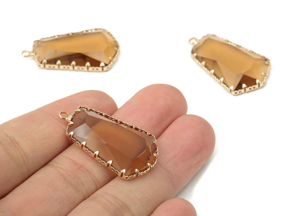Glass Pentagon Charms with Loop - Brown Brass Pentagon Frame Pendant - Gold Tone Plated Brass - Faceted Glass - 34.12x19.6x4.8mm - GS1132F - DOMEDBAZAAR