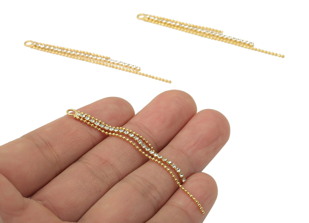Brass Beads Tassel Earring Charm - Zircon Ball Chain Tassel Earrings – 18K Real Gold Plated Brass - Jewelry Supplies - 66.97x4x1.7mm-RGP4406 - DOMEDBAZAAR