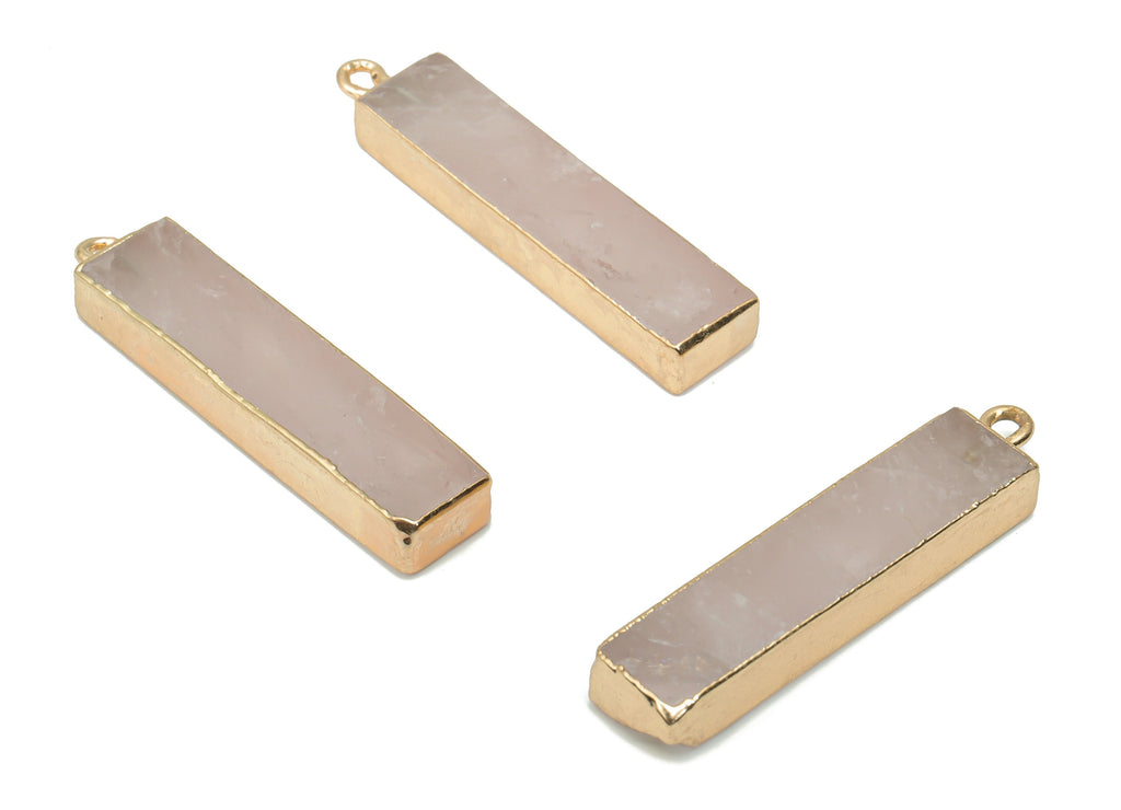 Rose Quartz Crystal Stick Earring Charms - Brass Long Bar Pendant - Natural Stone - Gold Tone Plated Brass – 38.56x8.44x5.36mm – NS1702B - DOMEDBAZAAR