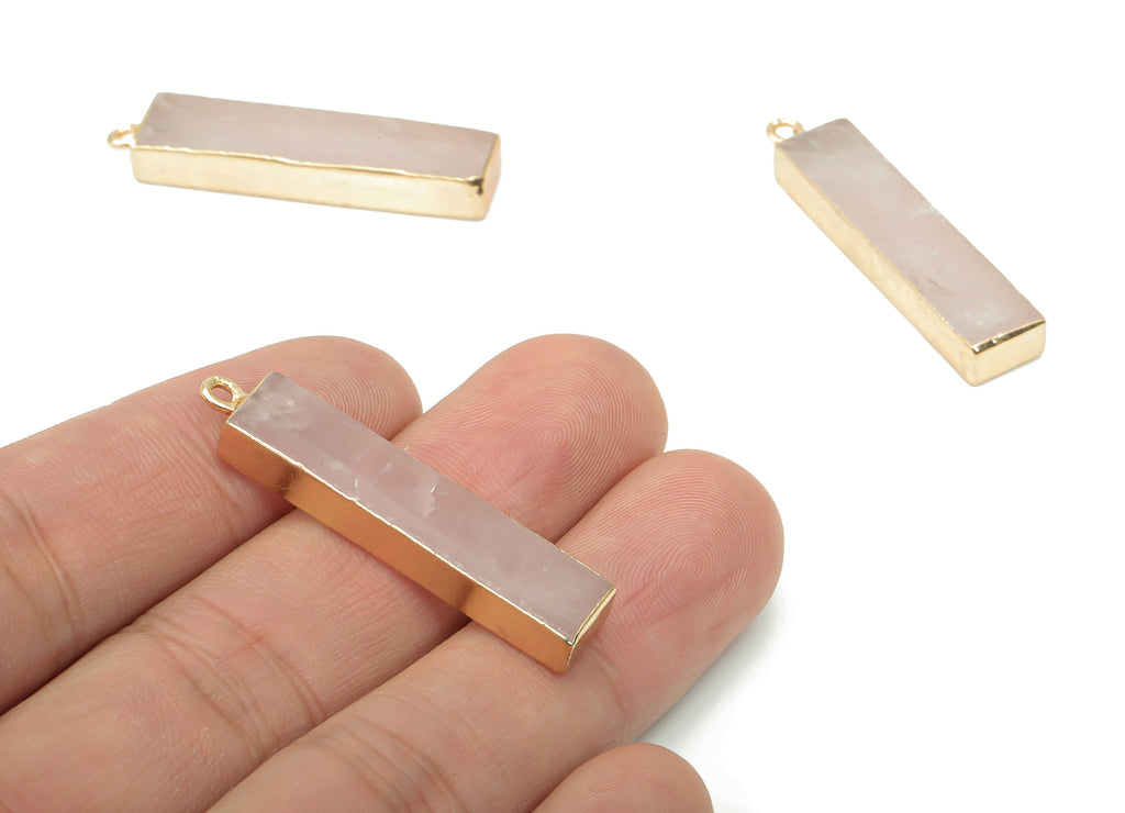 Rose Quartz Crystal Stick Earring Charms - Brass Long Bar Pendant - Natural Stone - Gold Tone Plated Brass – 38.56x8.44x5.36mm – NS1702B - DOMEDBAZAAR