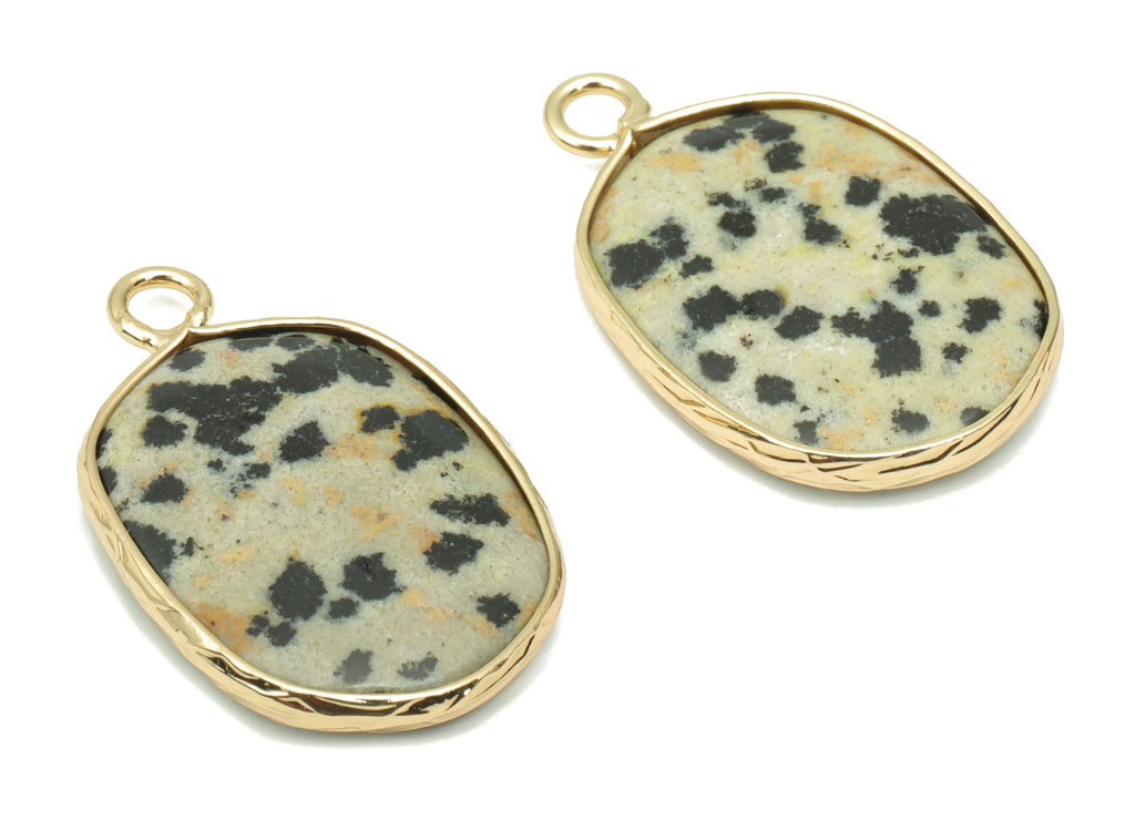 Dalmatian Jasper Oval Charms - Brass Oval Pendant - Natural Stone - Gold Tone Plated Brass – Jewelry Supplies - 52.2x15.92x4.11mm – NS1699C - DOMEDBAZAAR
