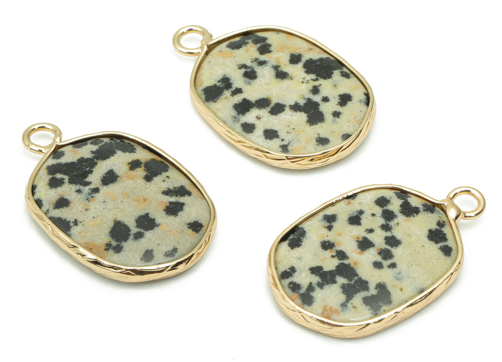 Dalmatian Jasper Oval Charms - Brass Oval Pendant - Natural Stone - Gold Tone Plated Brass – Jewelry Supplies - 52.2x15.92x4.11mm – NS1699C - DOMEDBAZAAR