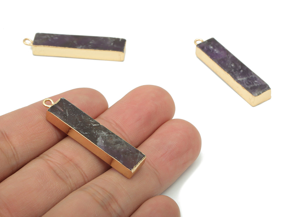 Amethyst Rectangle Stick Earring Charms - Brass Long Bar Pendant - Natural Stone - Gold Tone Plated Brass – 38.56x8.44x5.36mm – NS1702A - DOMEDBAZAAR