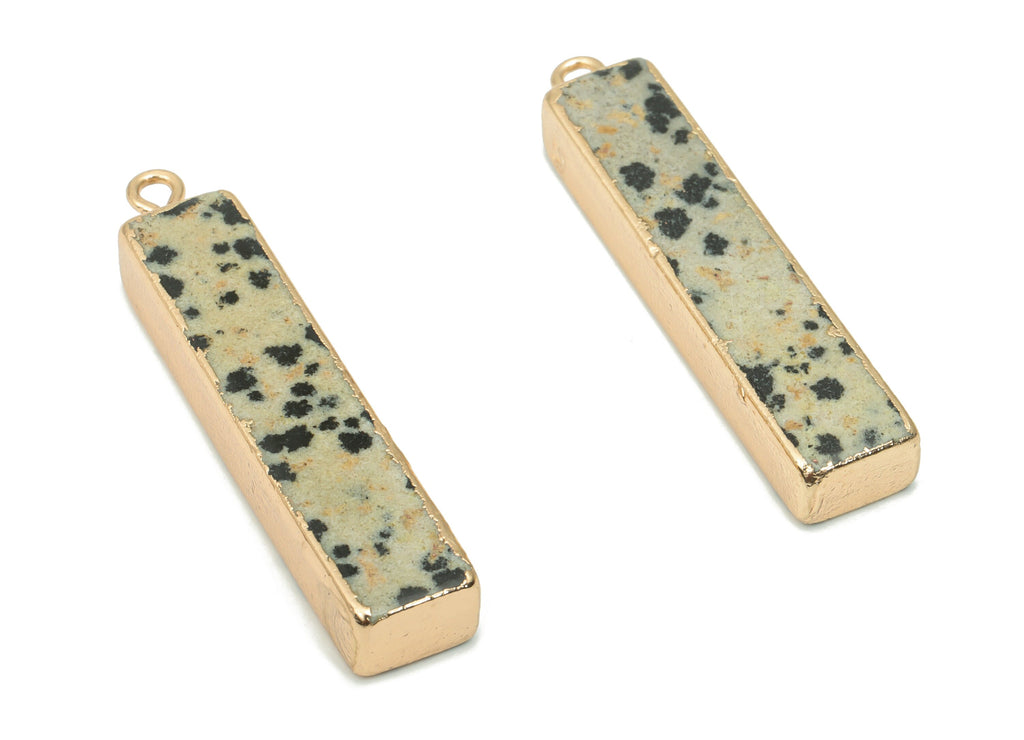 Dalmatian Stone Rectangle Stick Earring Charms - Brass Long Bar Pendant - Natural Stone - Gold Tone Plated Brass – 38.6x8.4x5.4mm – NS1702C - DOMEDBAZAAR