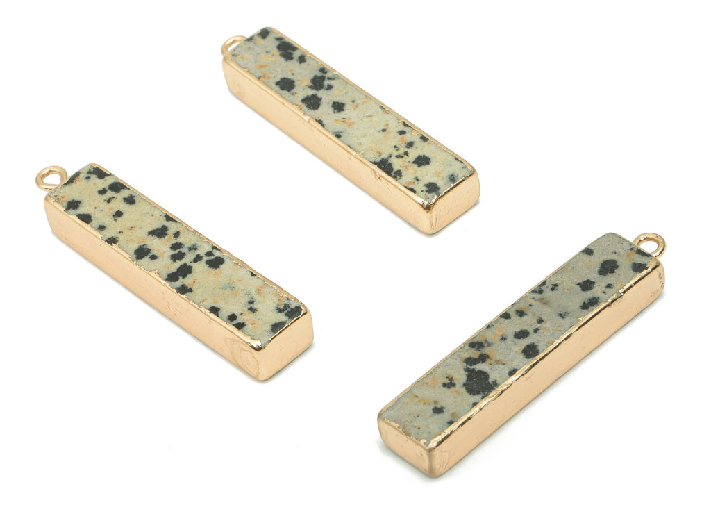 Dalmatian Stone Rectangle Stick Earring Charms - Brass Long Bar Pendant - Natural Stone - Gold Tone Plated Brass – 38.6x8.4x5.4mm – NS1702C - DOMEDBAZAAR