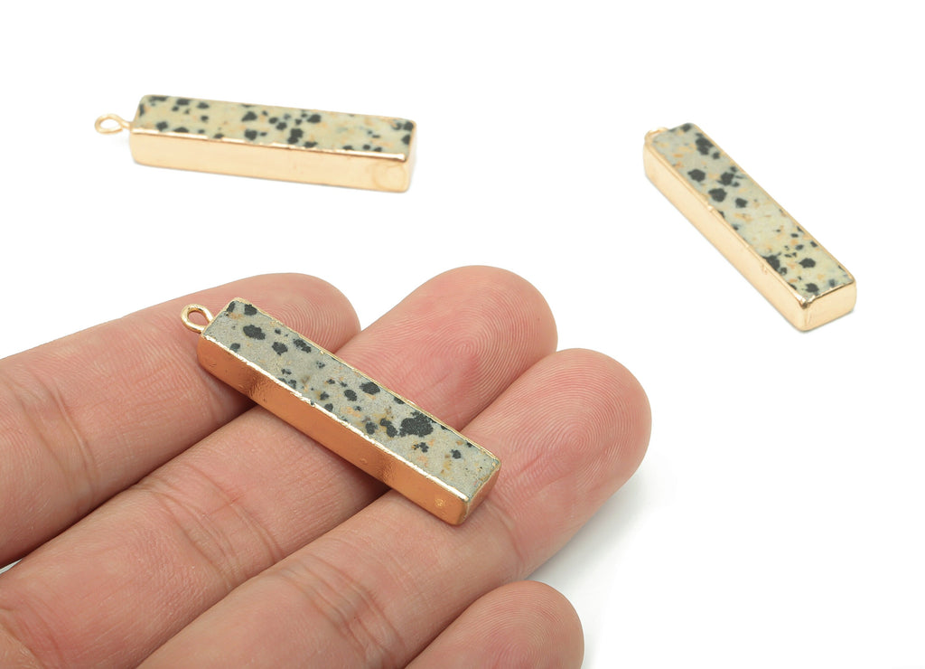 Dalmatian Stone Rectangle Stick Earring Charms - Brass Long Bar Pendant - Natural Stone - Gold Tone Plated Brass – 38.6x8.4x5.4mm – NS1702C - DOMEDBAZAAR