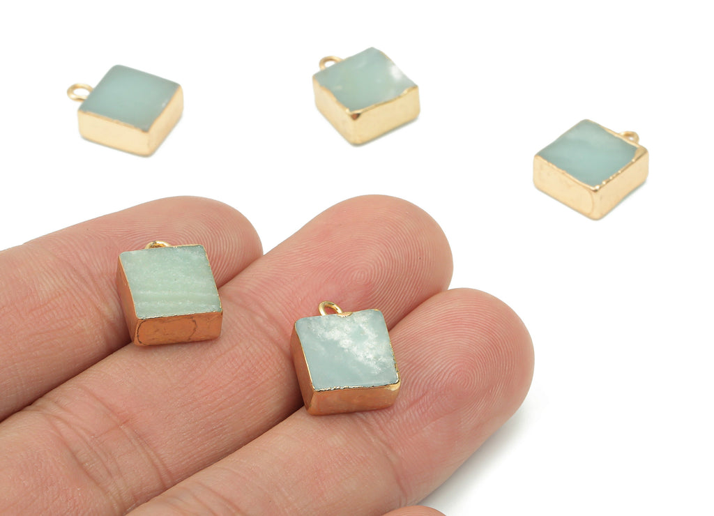 Amazonite Square Cube Charms - Brass Square Pendant - Natural Stone - Gold Tone Plated Brass – Jewelry Supplies - 13.98x9.96x5mm– NS1689A - DOMEDBAZAAR