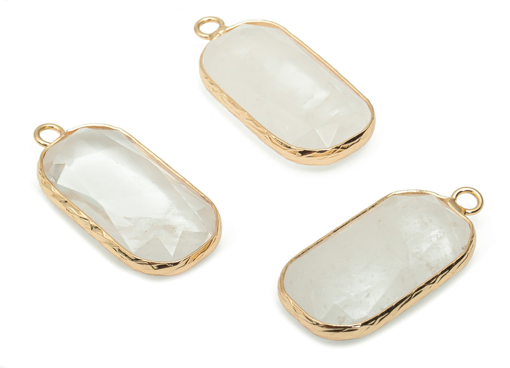 Clear Quartz Faceted Earring Charms - Brass Rectangle Pendant - Natural Stone - Gold Tone Plated Brass – 31.1x15.54x5.95mm – NS1700C - DOMEDBAZAAR