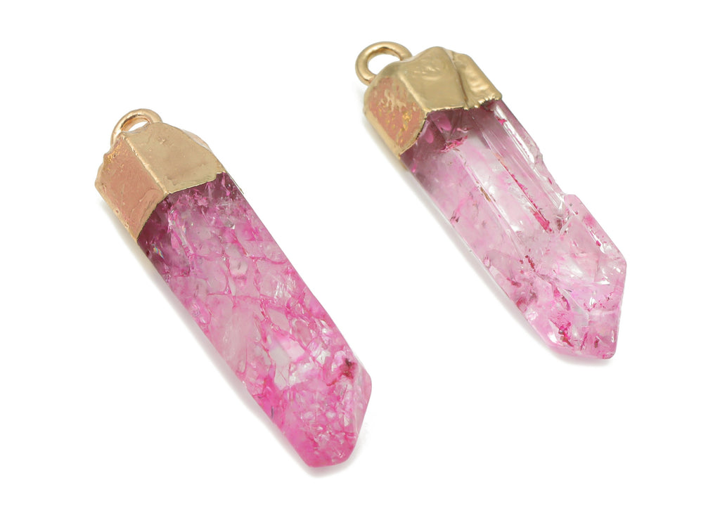 Purple Quartz Crystal Spike Earring Charms - Brass Strip Pendant - Natural Stone - Gold Tone Plated Stone – 41.06x9.96x7.36mm – NS1701B - DOMEDBAZAAR