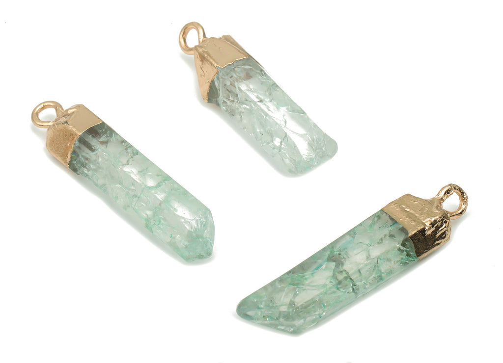 Blue Quartz Crystal Spike Earring Charms - Brass Strip Pendant - Natural Stone - Gold Tone Plated Stone – 42.72x10.21x6.06mm – NS1701C - DOMEDBAZAAR
