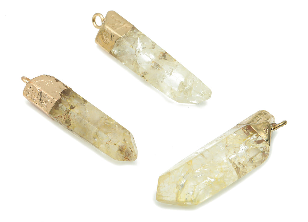 Yellow Quartz Crystal Spike Earring Charms - Brass Strip Pendant - Natural Stone - Gold Tone Plated Stone – 46.61x11.6x8.97mm – NS1701A - DOMEDBAZAAR