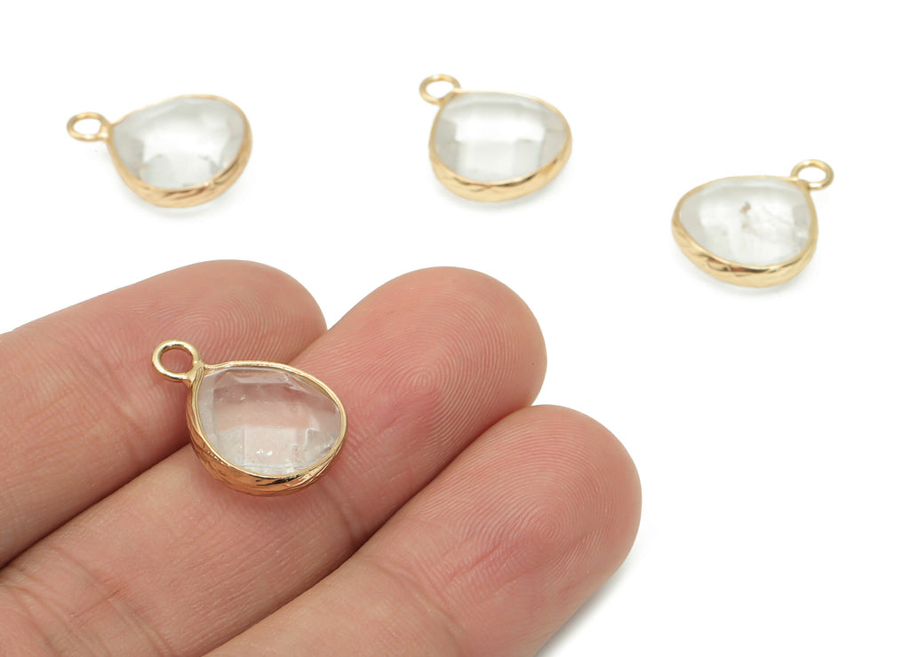 Clear Quartz Drop Earring Charms - Brass Teardrop Pendant - Natural Stone - Gold Tone Plated Brass – 17.78x13.61x5.85mm – NS1696C - DOMEDBAZAAR