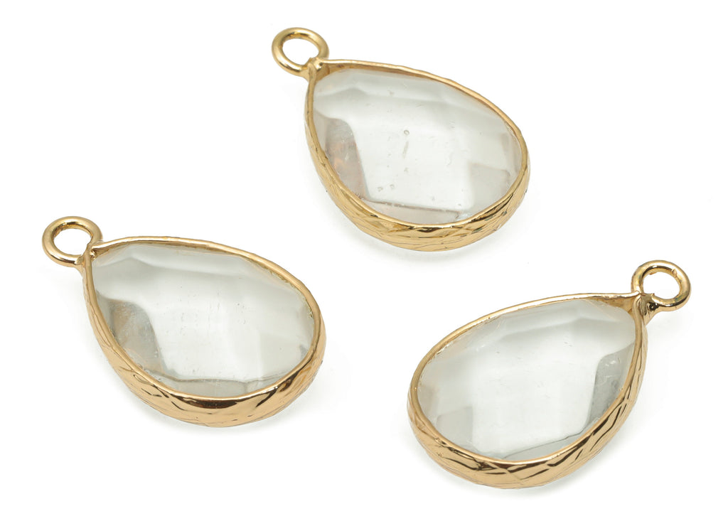 Clear Quartz Drop Earring Charms - Brass Teardrop Pendant - Natural Stone - Gold Tone Plated Brass – 22.58x13.85x6.17mm – NS1694A - DOMEDBAZAAR