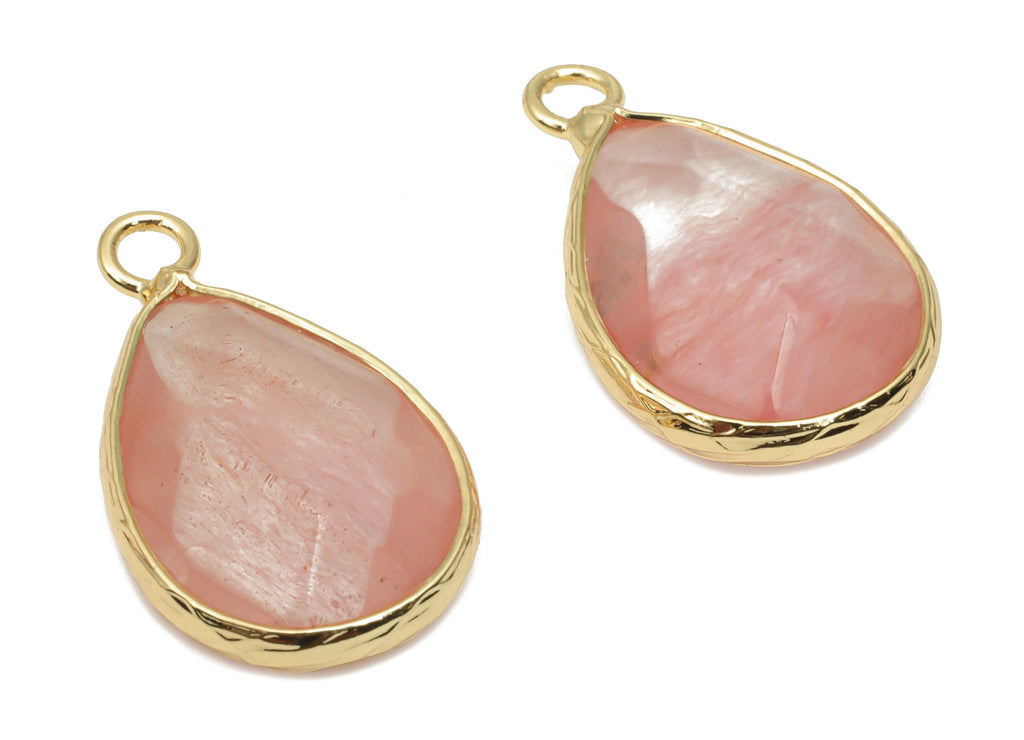 Cherry Quartz Drop Earring Charms - Brass Teardrop Pendant - Natural Stone - Gold Tone Plated Brass – 22.58x13.85x6.17mm – NS1694B - DOMEDBAZAAR