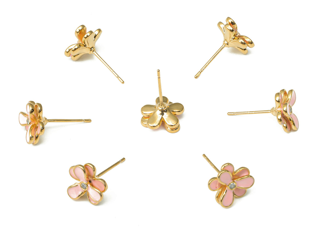 Brass Flower Earring Stud with Zircon - Enamel Flower Earring Post - 925 Silver Stud - 18k Real Gold Plated Brass - 11.16x11.2x3.8mm-RGP4504 - DOMEDBAZAAR