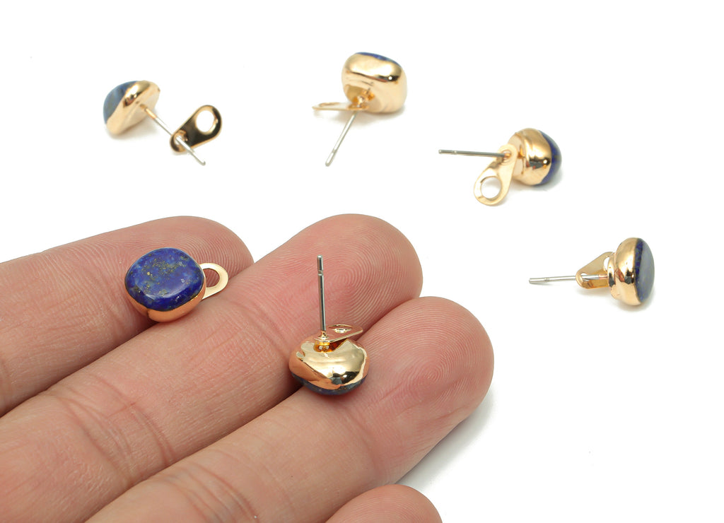 Aquamarine Earring Stud with Loop - Natural Stone Earring Post -  Gold Tone Plated Stone – 316 Surgical Stainless Steel - 10x10x6mm– NS1762T - DOMEDBAZAAR