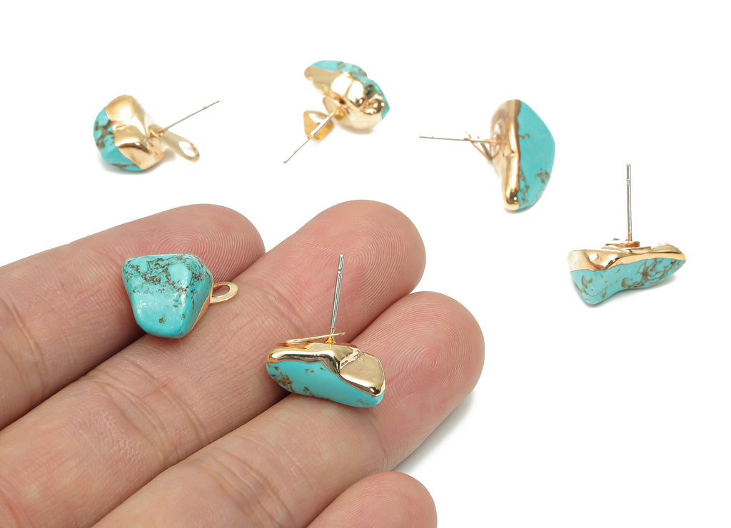Turquoise Stud with Loop - Natural Stone Earring Post -  Gold Tone Plated Stone – 316 Surgical Stainless Steel - 14.87x10.88x9.1mm – NS1762Y - DOMEDBAZAAR