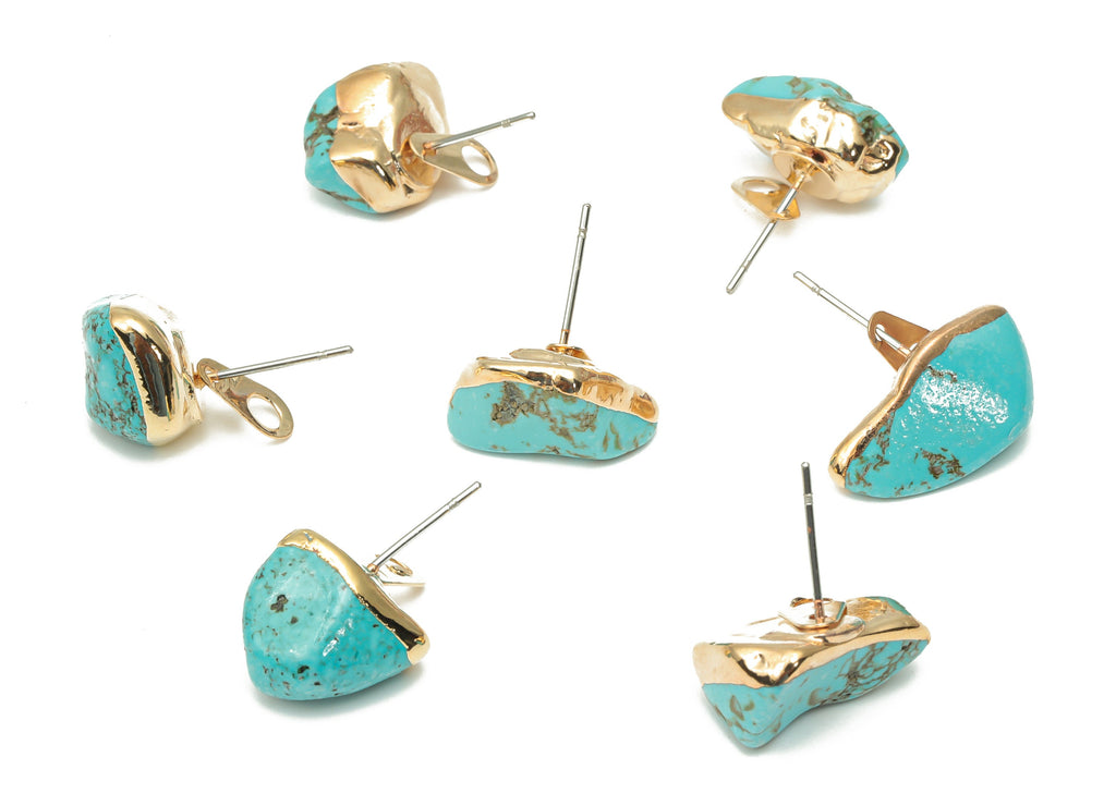 Turquoise Stud with Loop - Natural Stone Earring Post -  Gold Tone Plated Stone – 316 Surgical Stainless Steel - 14.87x10.88x9.1mm – NS1762Y - DOMEDBAZAAR