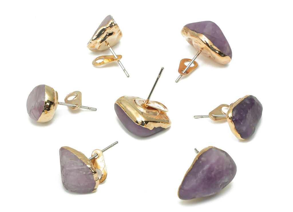 Lepidolite Stud with Loop - Natural Stone Earring Post -  Gold Tone Plated Stone – 316 Surgical Stainless Steel - 11.37x8.54x8.2mm – NS1762G - DOMEDBAZAAR