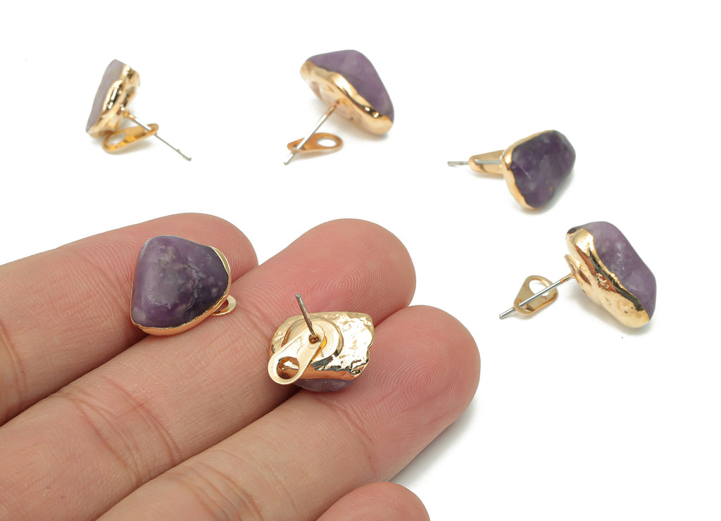 Lepidolite Stud with Loop - Natural Stone Earring Post -  Gold Tone Plated Stone – 316 Surgical Stainless Steel - 11.37x8.54x8.2mm – NS1762G - DOMEDBAZAAR