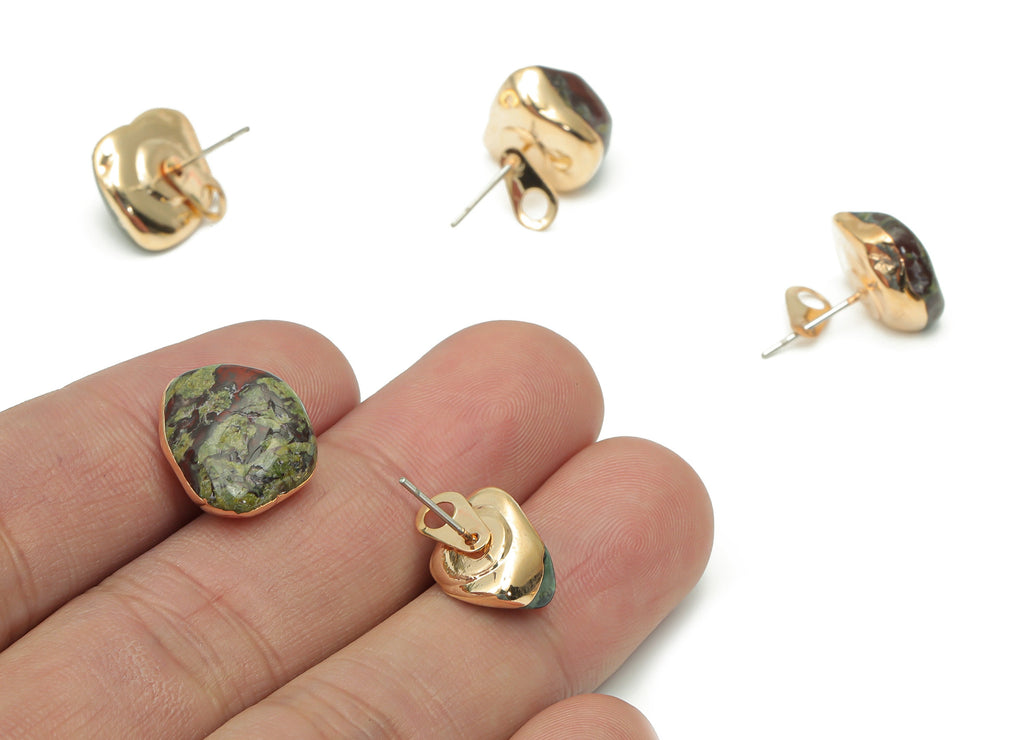 Dragon Blood Stud with Loop - Natural Stone Earring Post -  Gold Tone Plated Stone – 316 Surgical Stainless Steel - 14.66x14x11mm – NS1762B - DOMEDBAZAAR