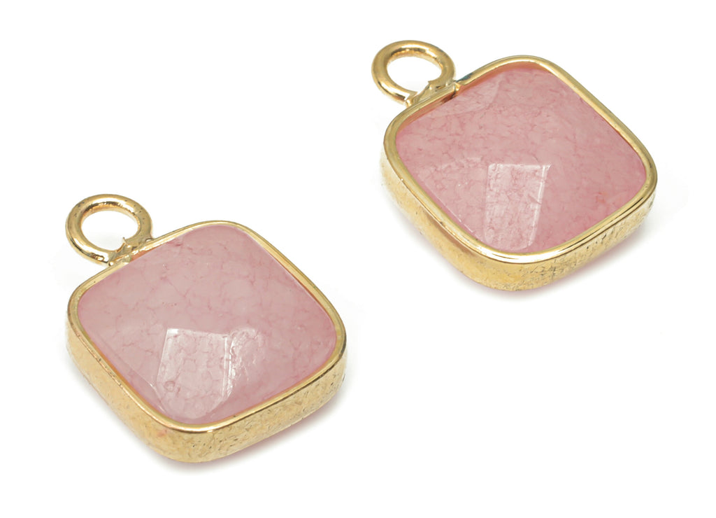 Rose Quartz Crystal Faceted Square Earring Charms - Brass Square Pendant - Natural Stone - Gold Tone Plated Brass – 15.9x11.44x6mm – NS1687G - DOMEDBAZAAR