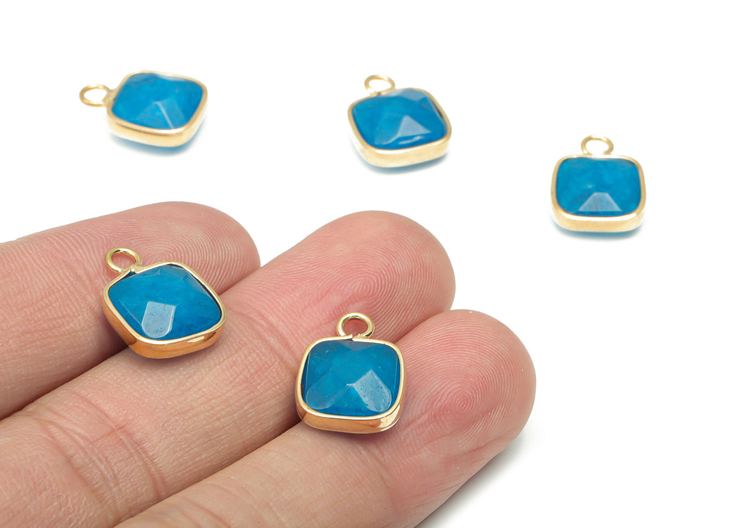 Blue Jade Faceted Square Earring Charms - Brass Square Pendant - Natural Stone - Gold Tone Plated Brass – 15.9x11.44x5.95mm – NS1687C - DOMEDBAZAAR