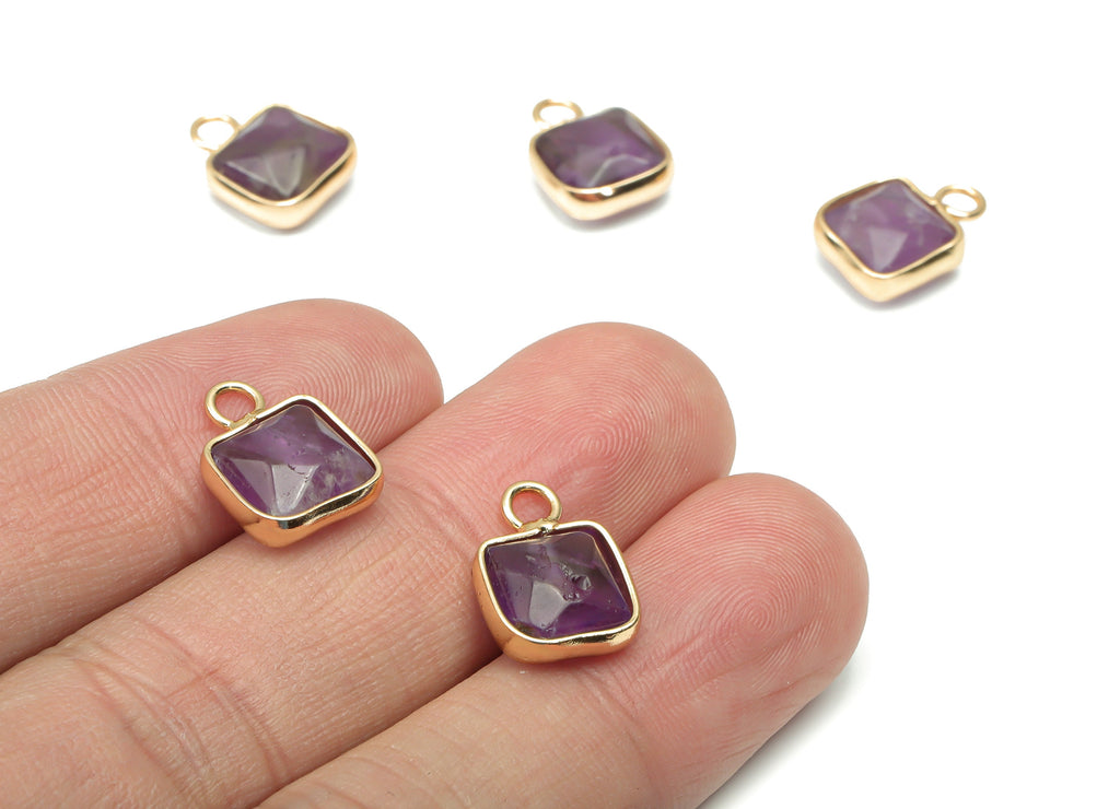 Purple Jade Faceted Square Earring Charms - Brass Square Pendant - Natural Stone - Gold Tone Plated Brass – 15.9x11.44x5.95mm – NS1687E - DOMEDBAZAAR