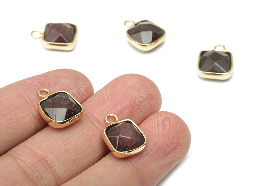 Garnet Faceted Square Earring Charms - Brass Square Pendant - Natural Stone - Gold Tone Plated Brass – 15.9x11.44x5.95mm – NS1687B - DOMEDBAZAAR