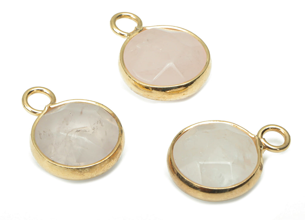Rose Quartz Crystal Faceted Round Earring Charms - Brass Circle Pendant - Natural Stone - Gold Tone Plated Brass – 15.3x11.3x5.5mm – NS1685A - DOMEDBAZAAR