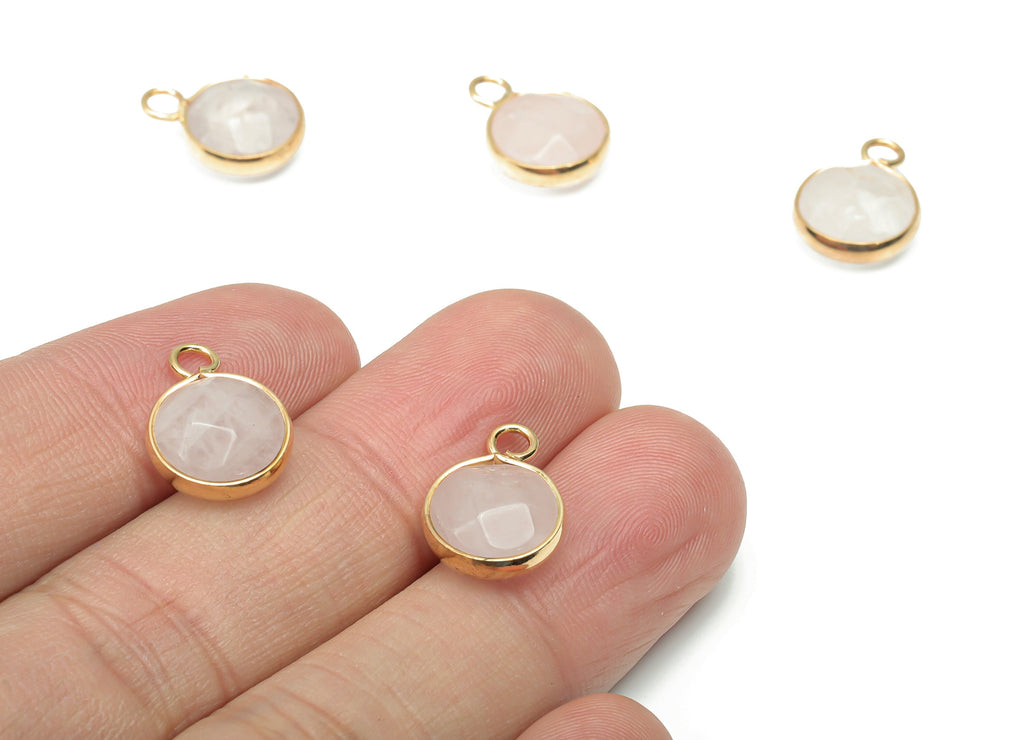 Rose Quartz Crystal Faceted Round Earring Charms - Brass Circle Pendant - Natural Stone - Gold Tone Plated Brass – 15.3x11.3x5.5mm – NS1685A - DOMEDBAZAAR