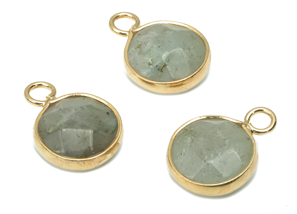 Labradorite Faceted Round Earring Charms - Brass Circle Pendant - Natural Stone - Gold Tone Plated Brass – 15.3x11.3x5.5mm – NS1685B - DOMEDBAZAAR