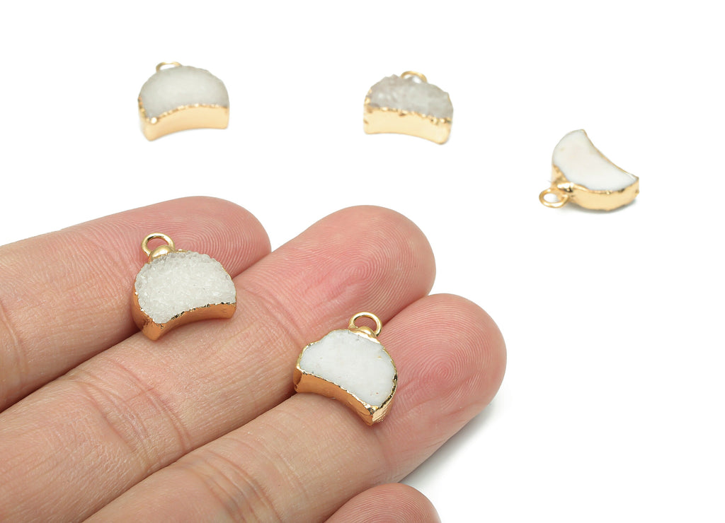 White Cluster Crystal Druzy Earring Charms - Brass Crescent Pendant - Natural Stone - Gold Tone Plated Brass – 14.4x12.91x4.62mm – NS1680A - DOMEDBAZAAR